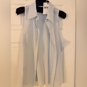 Sleeveless Blue and White Striped Seersucker Shirt